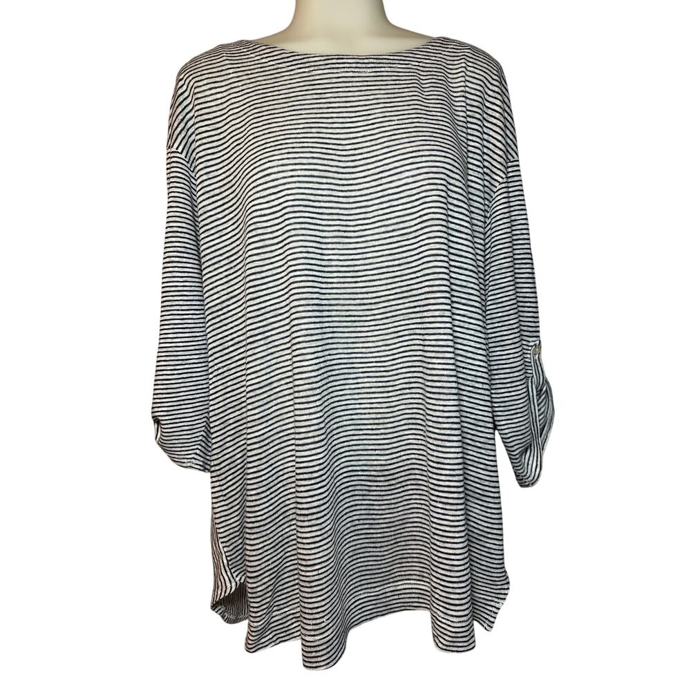 Adrienne Vittadini Women’s Navy White Striped 100% Linen Button Back Top Size 2X